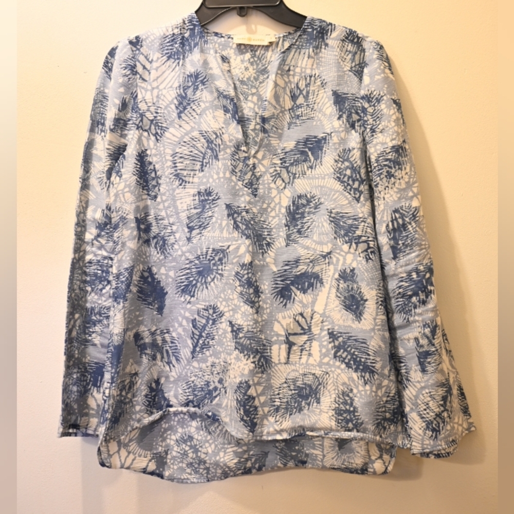 Tory Burch Blue Sheer Linen Blend Blouse Tunic Top Oversize 4 Palm Leaf Summer